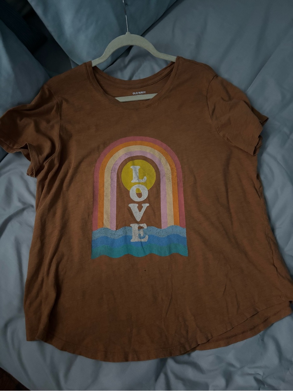 Old Navy Brown Tee with Retro Rainbow LOVE Graphic
